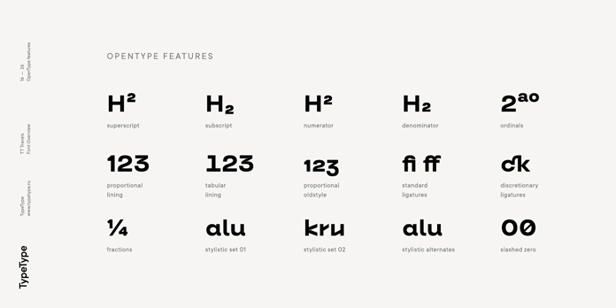 TT Travels font family, OpenType features.