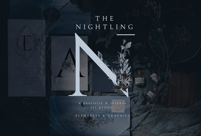 The Nightling - botanical line art and elegant letters designed by OpiaDesigns.