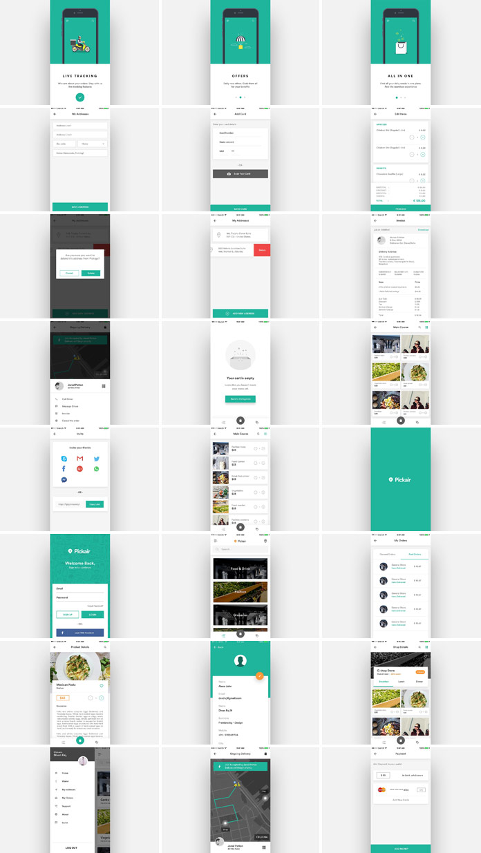 Diverse screens of the complete iOS ui kit for delivery and shopping apps.