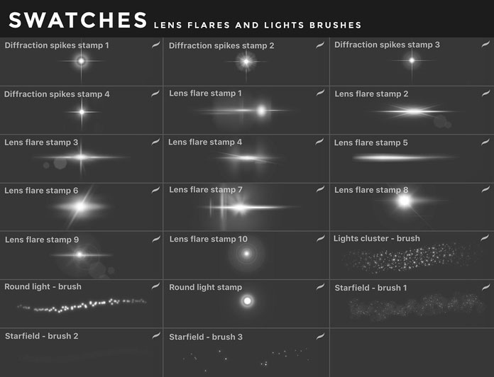 Lens flares and lights brushes for iOS app Procreate for iPad.