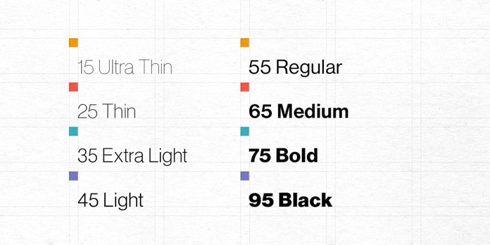 Weights from Ultra Thin to Black.