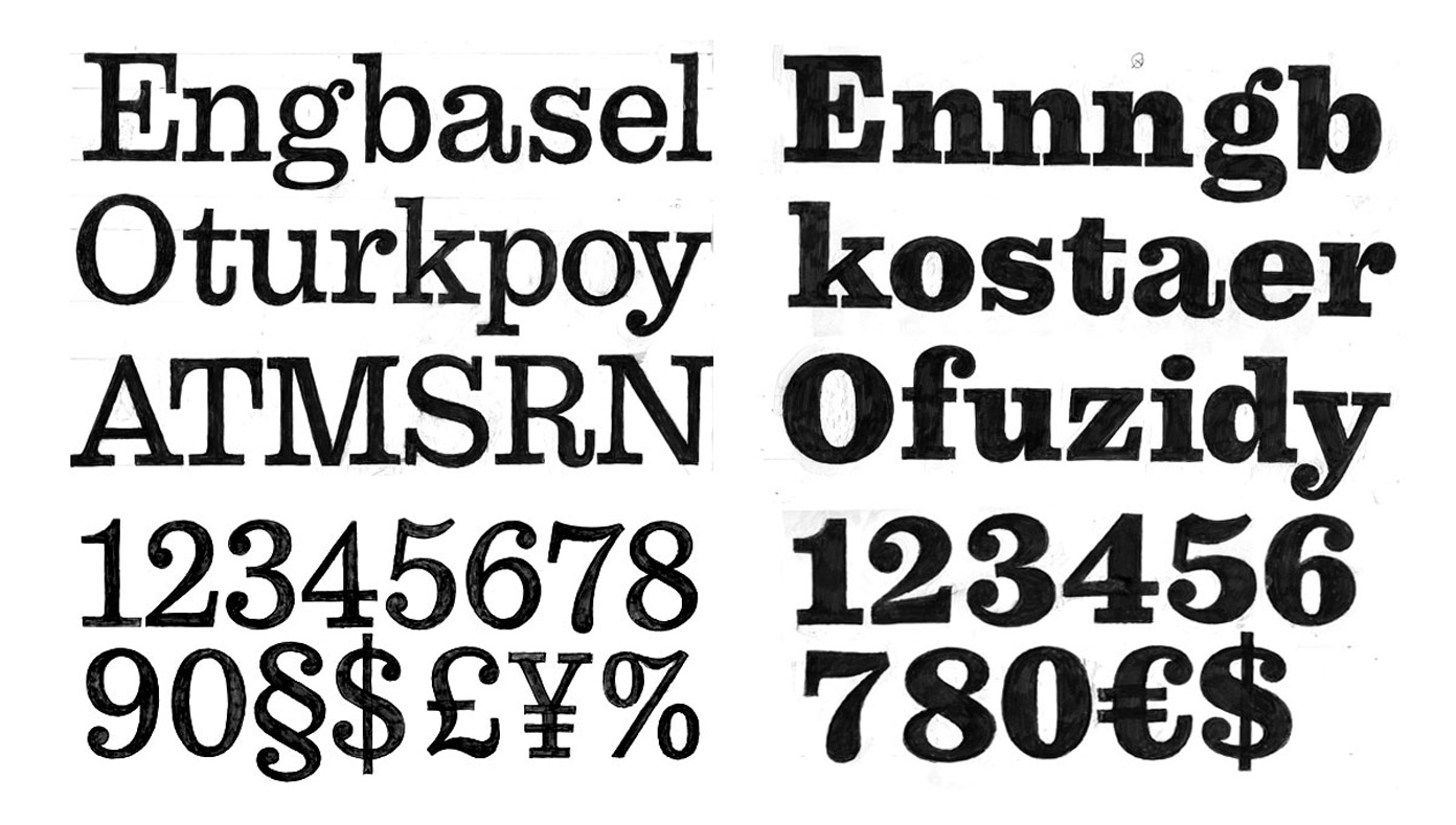 Manual sketches from the design phase of the Clarendon typeface