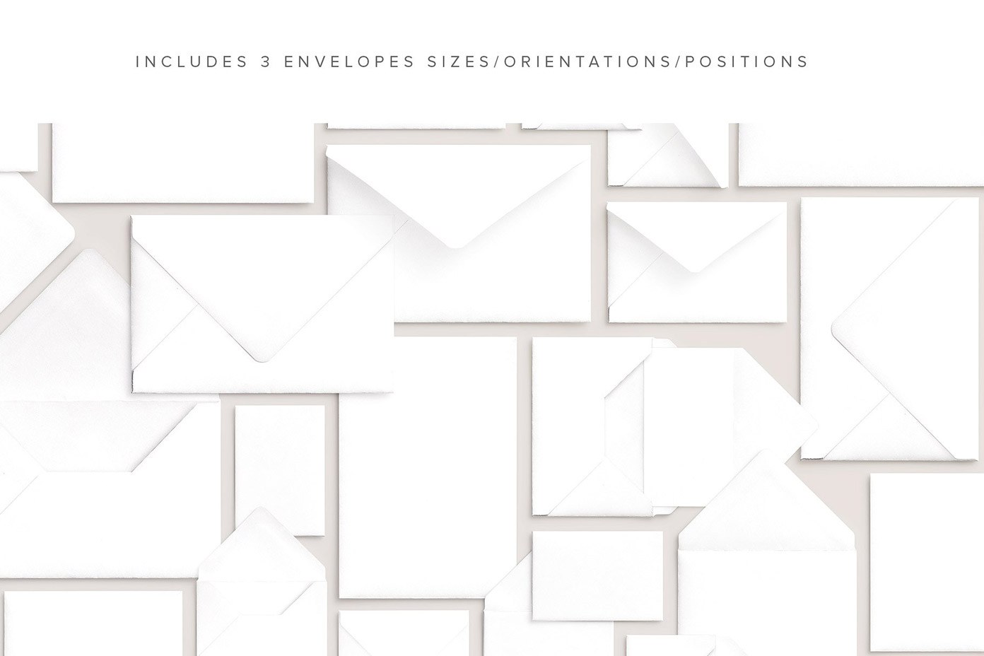 The collection includes envelopes in 3 different sizes, orientations, and positions. Cards and envelopes mockups scene creator by Román Jusdado