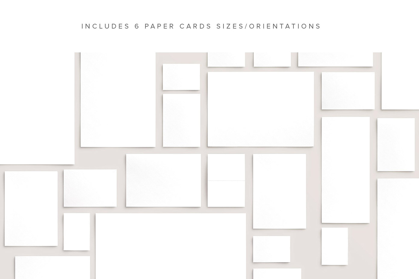 The series also includes paper cards in 6 sizes and orientations. Cards and envelopes mockups scene creator by Román Jusdado