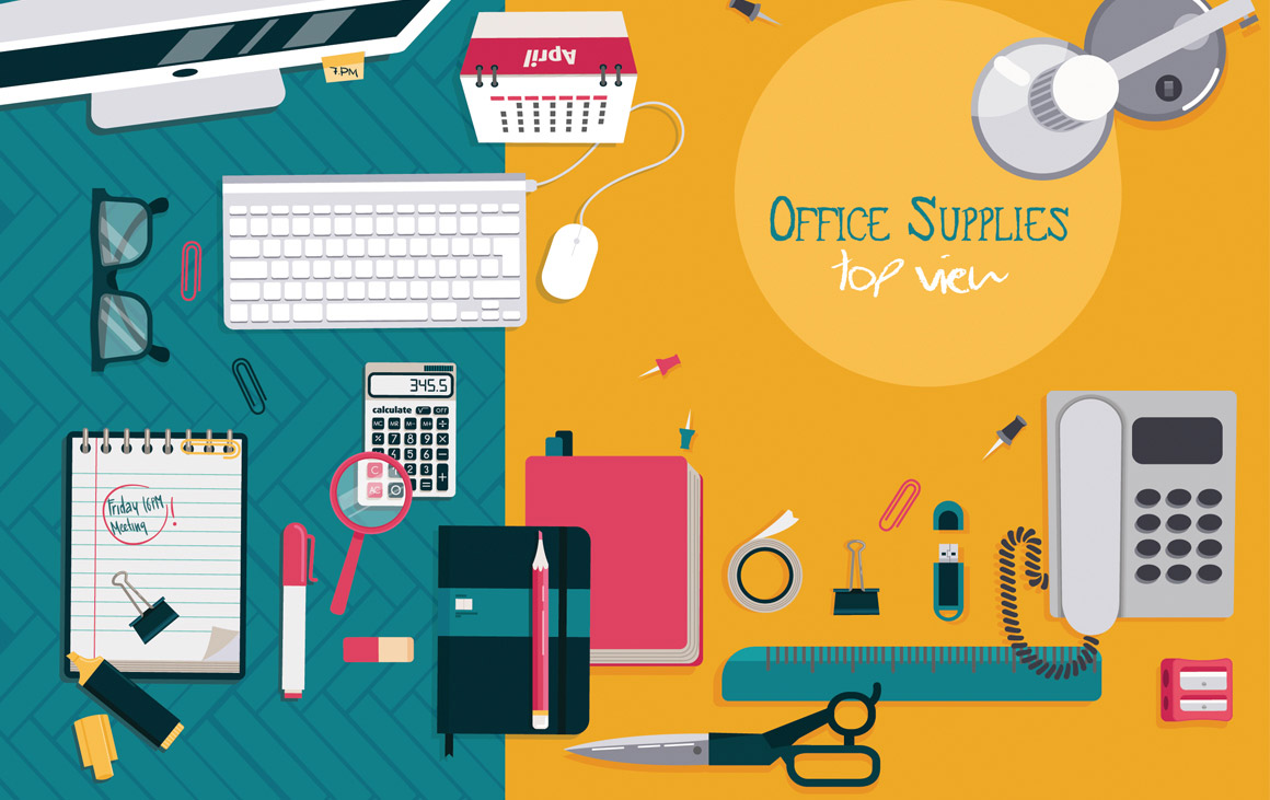 Example of office supplies as top view edition.