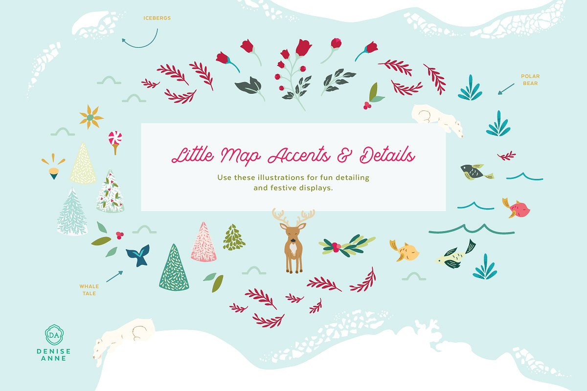 Little map accents and details of numerous illustrations