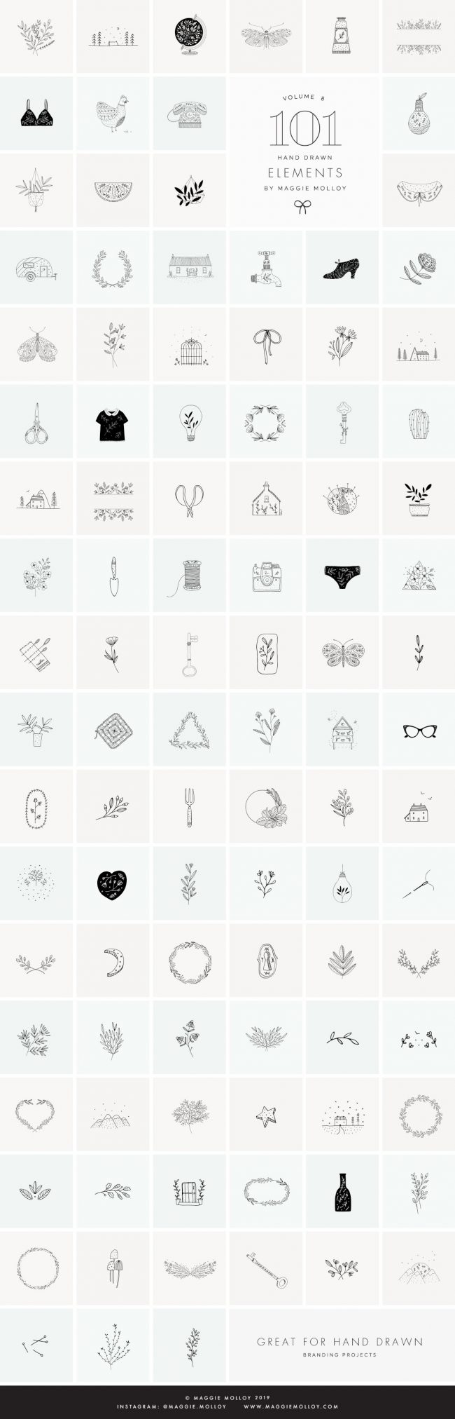 101 hand-drawn logo elements by Maggie Molloy