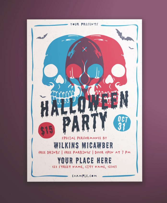 Halloween Party Flyer Layout with Illustrative Skulls from KMZVR Lab