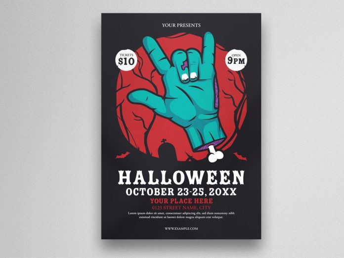 Halloween Party Flyer Layout with Zombie Hand Illustration from Eightonesix