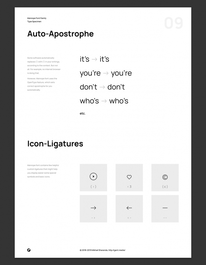 Manrope font family, Auto-apostrophe and icon-ligatures