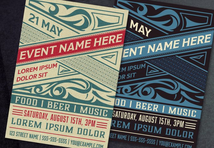 Adobe Illustrator template: event poster layout with ornamental elements designed by Roverto Castillo.