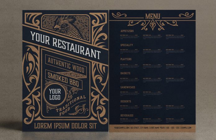 Adobe Illustrator template: vintage restaurant menu layout with tan ornaments by Roverto Castillo.