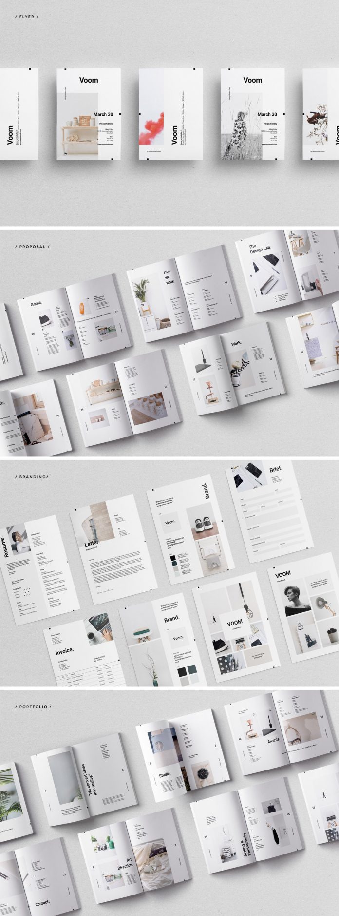 Overview of the Voom branding Adobe InDesign collection from Moscovita.