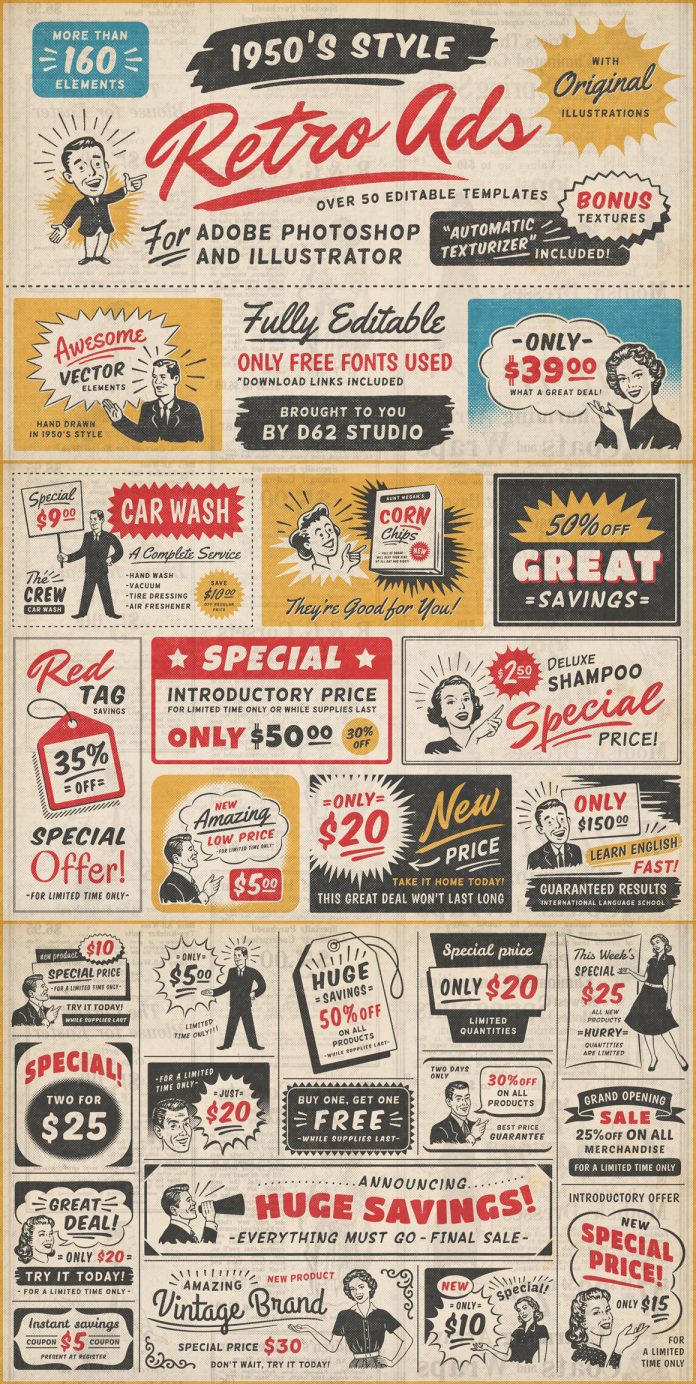 1950s retro style vintage ad templates for Adobe Illustrator and Photoshop created by DISTRICT 62 STUDIO.