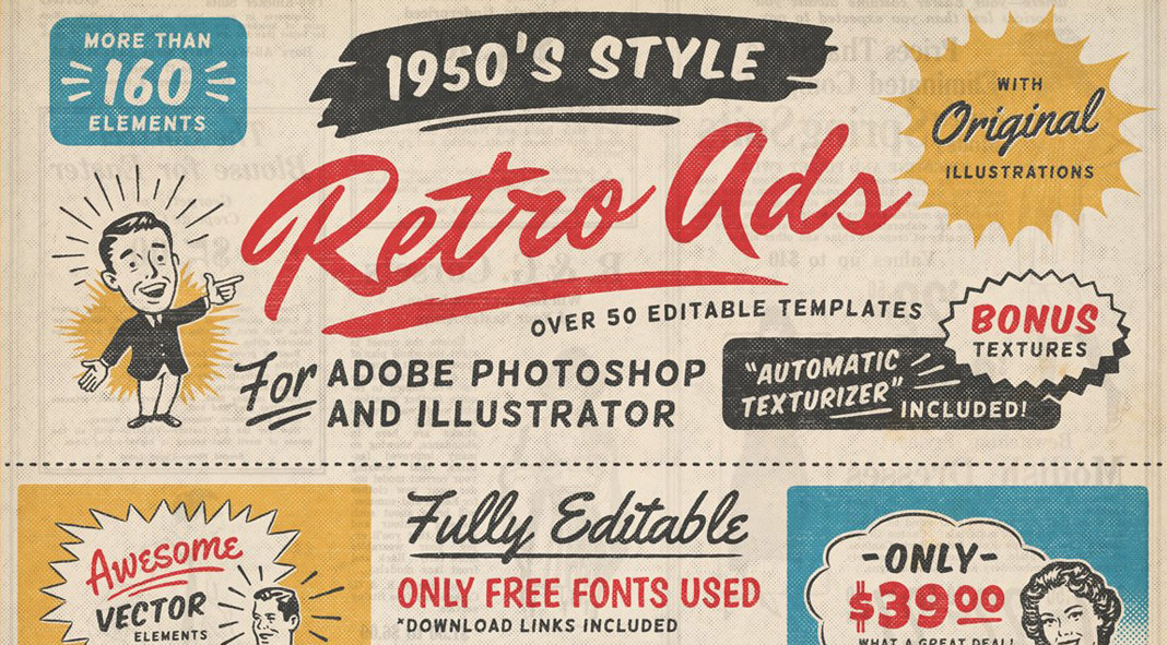 1950s retro style vintage ad templates for Adobe Illustrator and Photoshop created by DISTRICT 62 STUDIO.