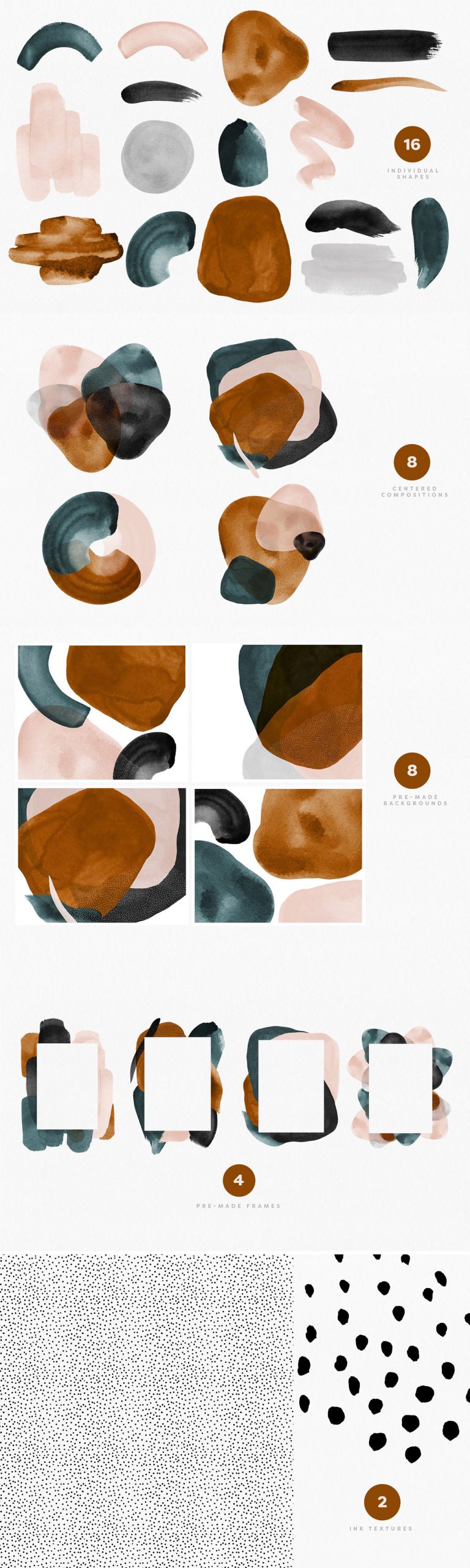 Abstract watercolor shapes for Adobe Photoshop and InDesign.