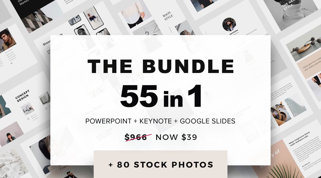 55 amazing presentation templates for PowerPoint, Keynote, and Google Slides plus more than 80 stock images, mockups, and free updates.