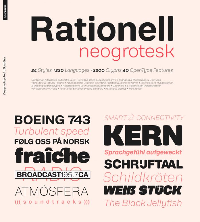 Rationell, a neogrotesk font family from PeGGO Fonts.