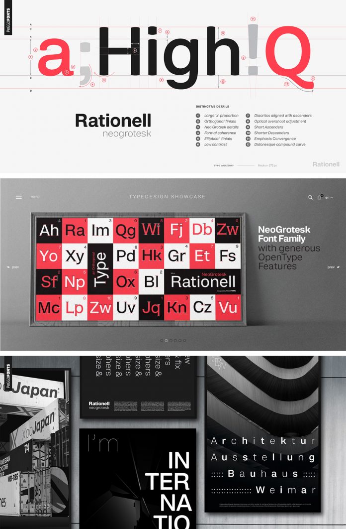Rationell, a neogrotesk font family from PeGGO Fonts.