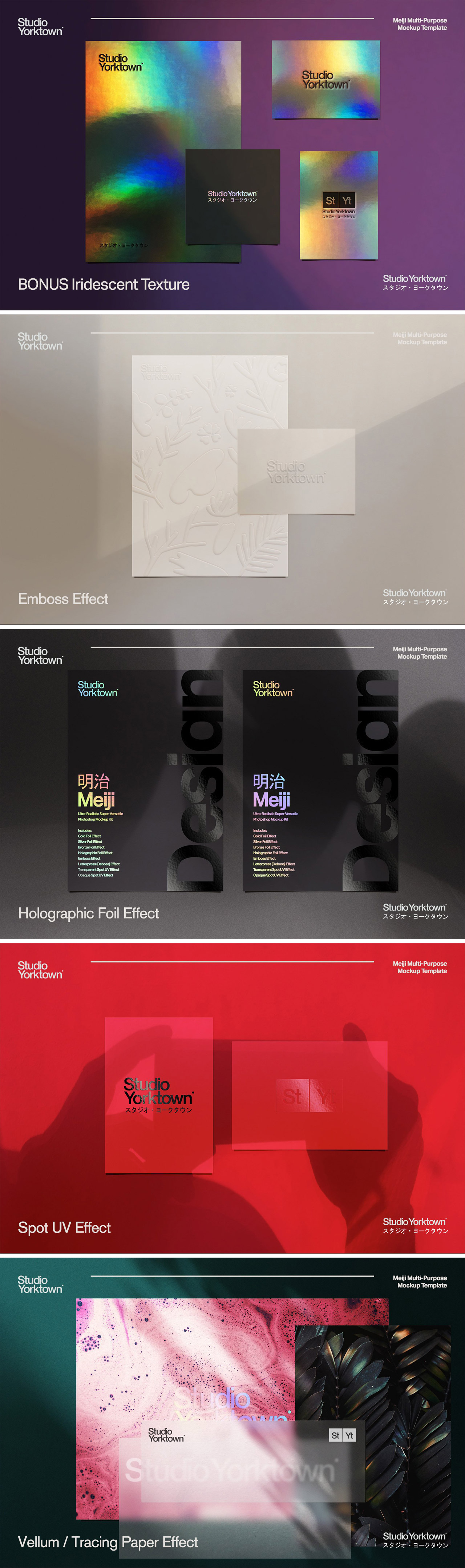 Meiji, a multi print effects mockup — Adobe Photoshop templates by Studio Yorktown.