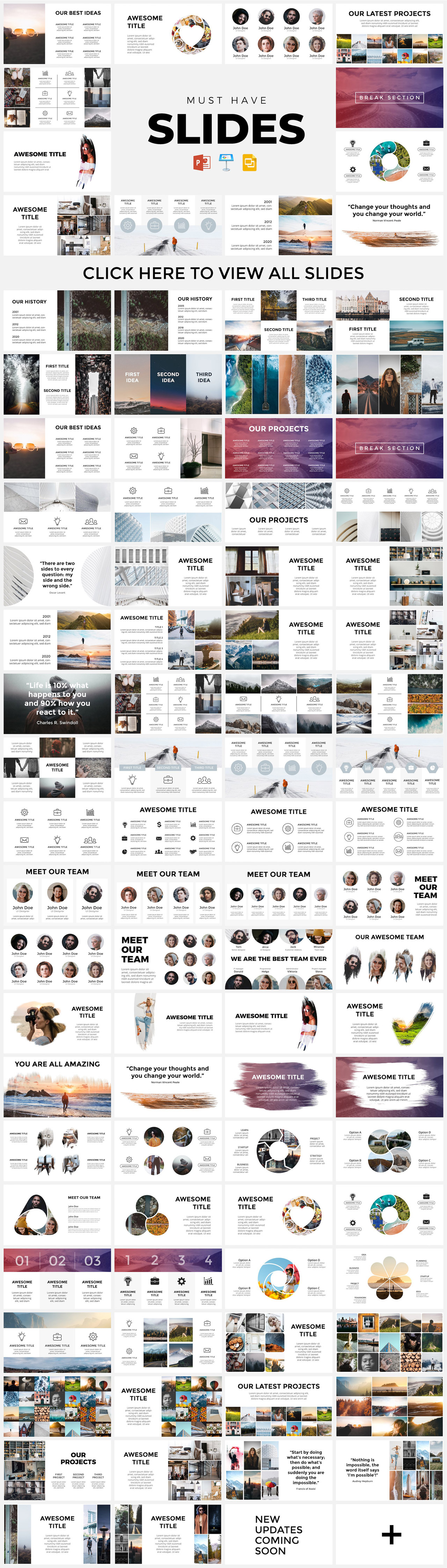 Slides for Powerpoint, Keynote, and Google Slides.
