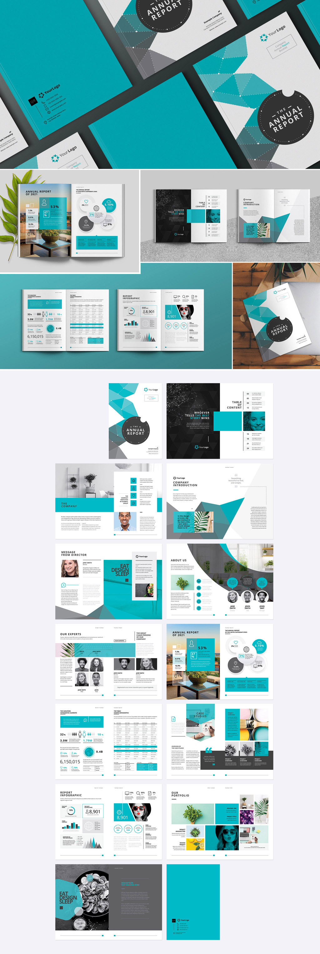 Annual Report Layout Template with Teal Elements for Adobe InDesign.