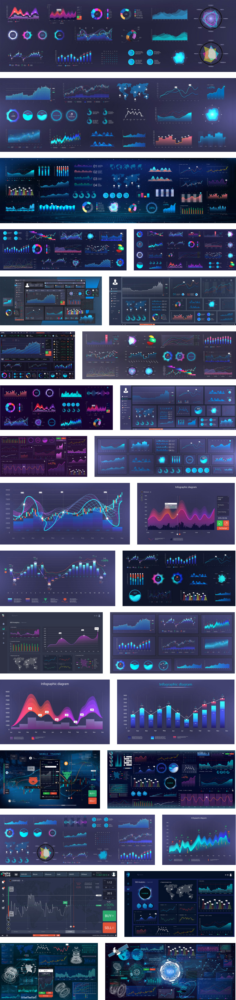 Infographic dashboard templates with charts, diagrams, graphic elements, online statistics, and data analytics available for download as vector graphics