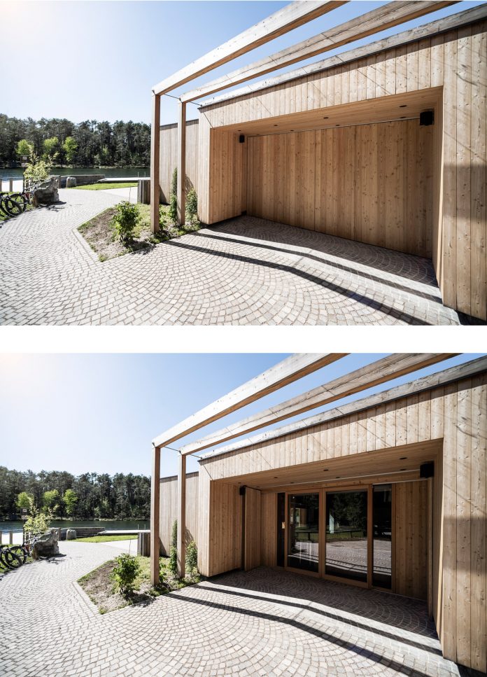 Lake House Völs, a discreet and small lake-hut in the heart of the magnificent mountain landscape of the Sciliar in the South Tyrolean Dolomites in Italy.