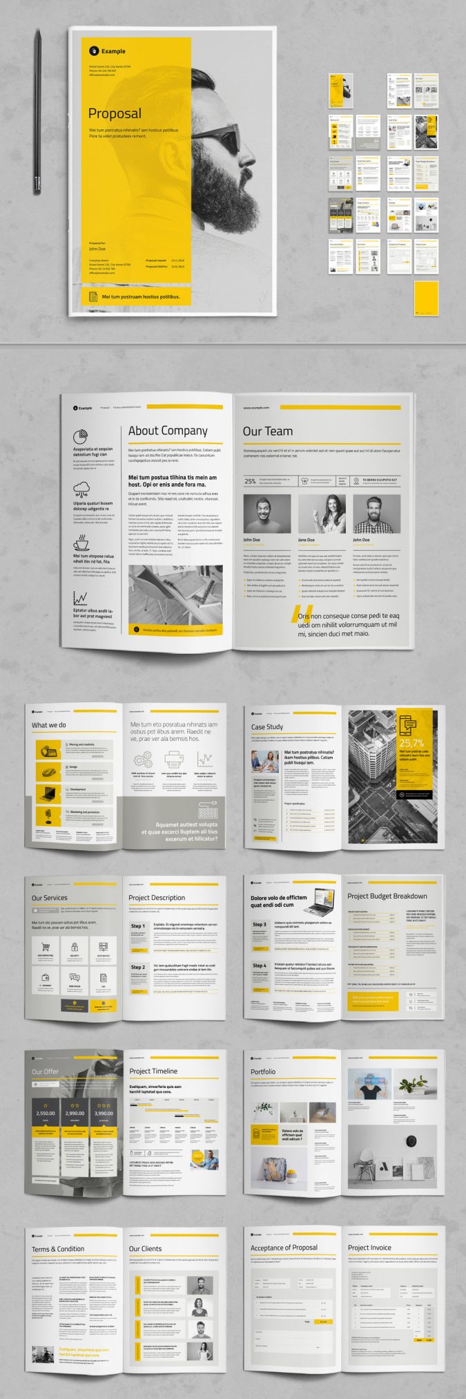 Business Proposal Template with Yellow and Gray Accents for Adobe InDesign.