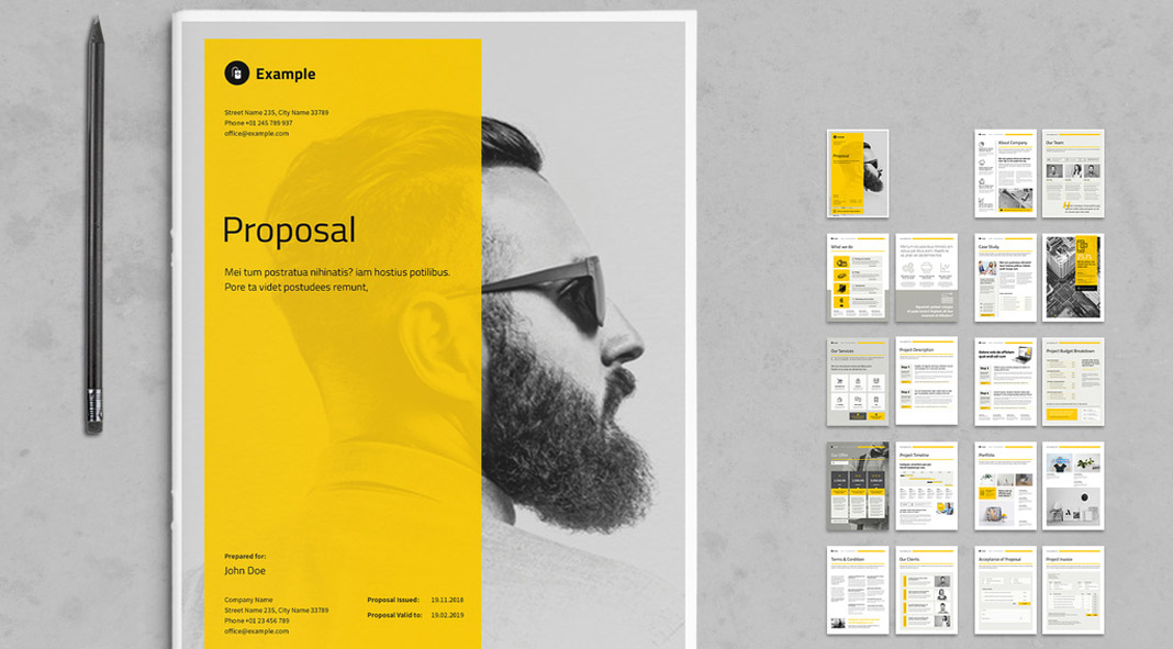 Business Proposal Template with Yellow and Gray Accents for Adobe InDesign. Business Proposal Template with Yellow and Gray Accents for Adobe InDesign.