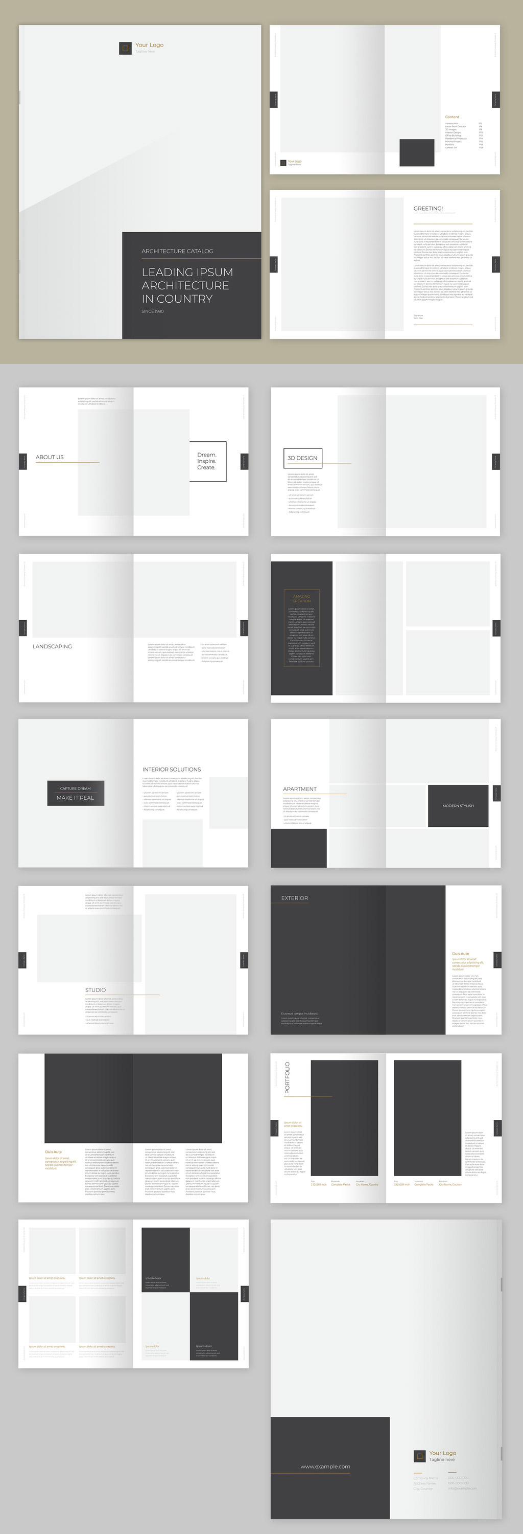 Catalog InDesign layout with gray and gold accents.