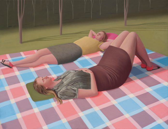 Prudence Flint, Large Tartan Blanket, 2016, oil on linen, 109 x 142cm, (Finalist in the 2016 Doug Moran National Portrait Prize)