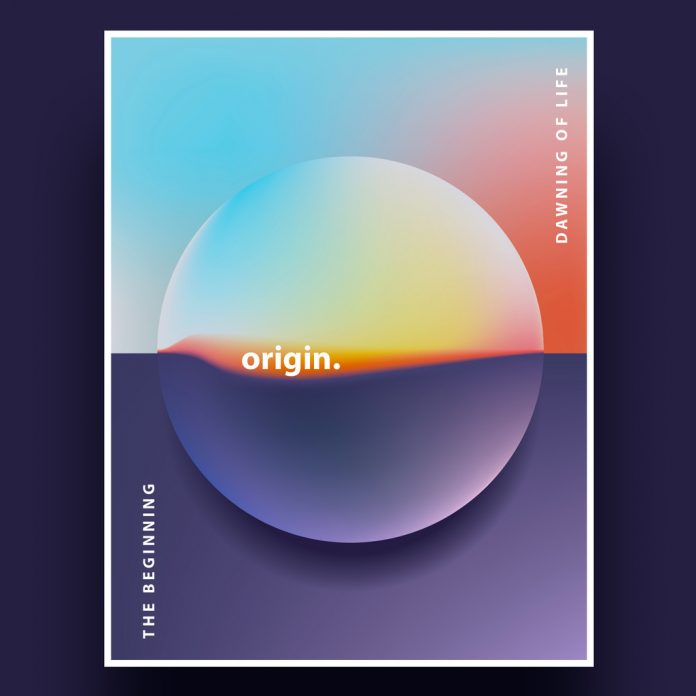 Geometric poster design template with abstract semi-surreal landscape.