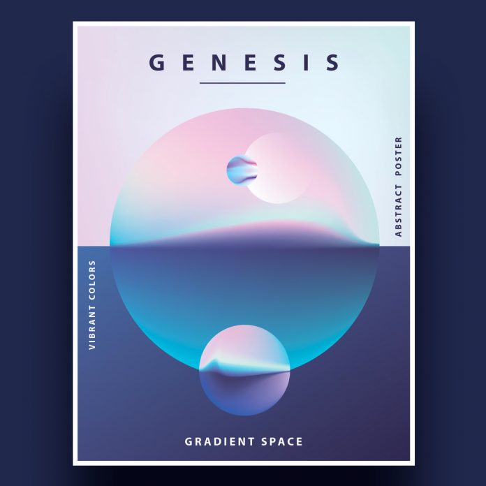 Geometric poster design template with abstract semi-surreal landscape.