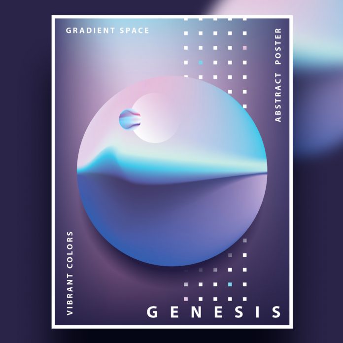 Geometric poster design template with abstract semi-surreal landscape.