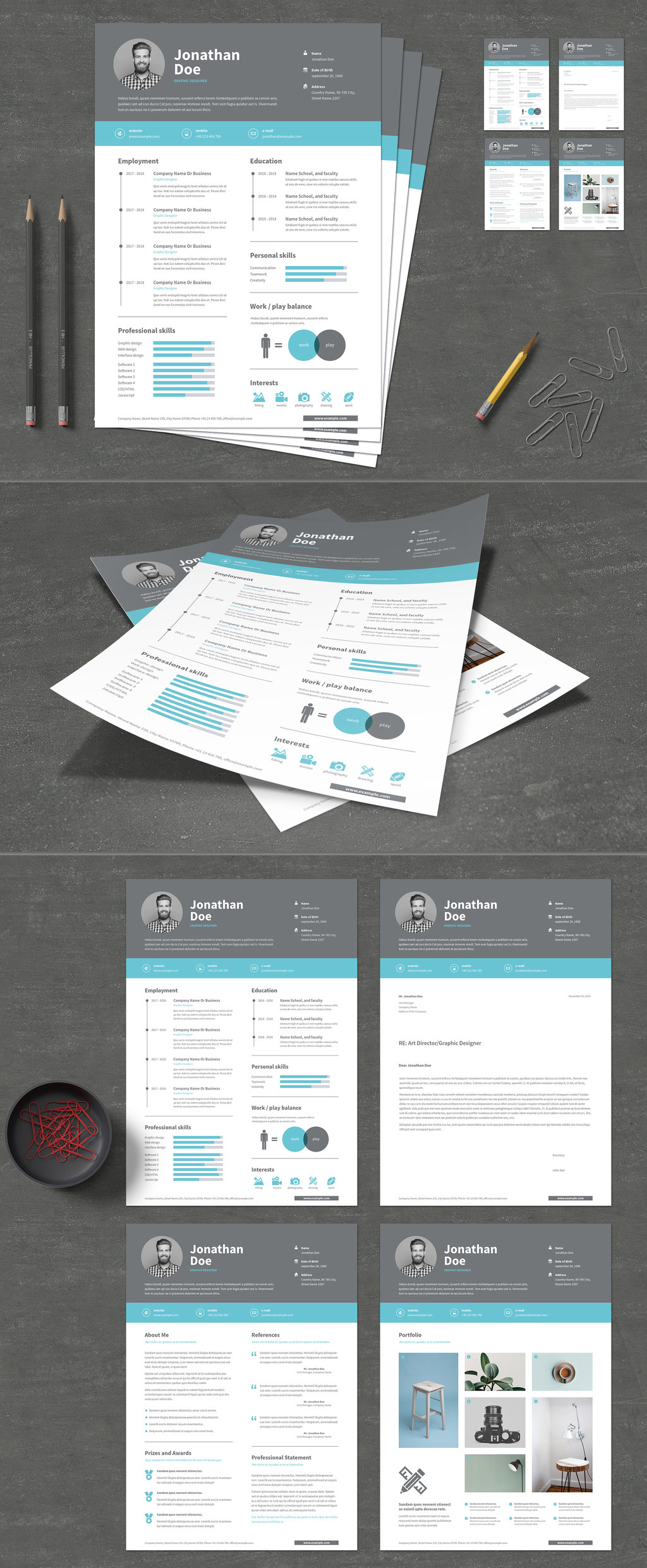 Resume and cover letter template with gray header and blue accents.