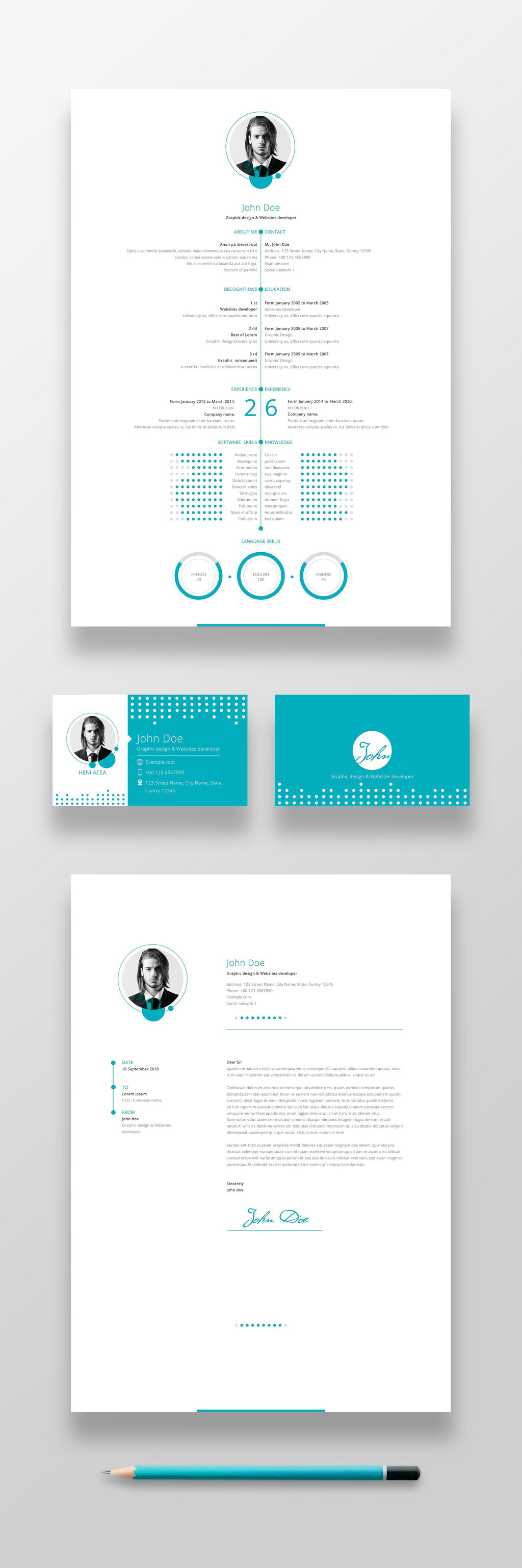 Blue resume, cover letter, and business card layout in a unique design.