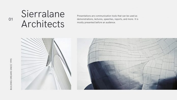 Gray and white corporate architecture Canva template.