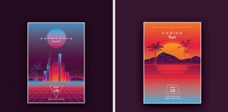 1980s and cyberpunk inspired poster design templates available as fully editable vector graphics.
