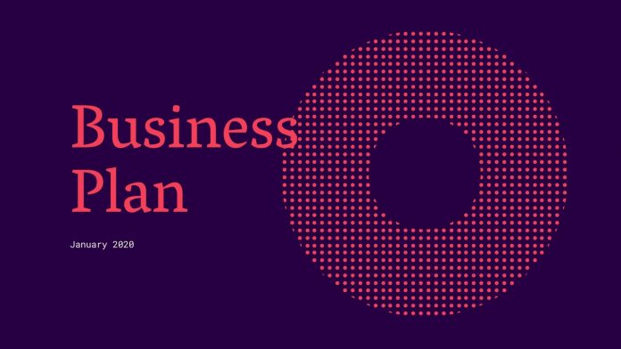 Purple and red geometric business plan presentation.