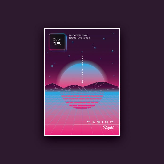 Synthwave Poster Template with Sunset Over the Ocean.
