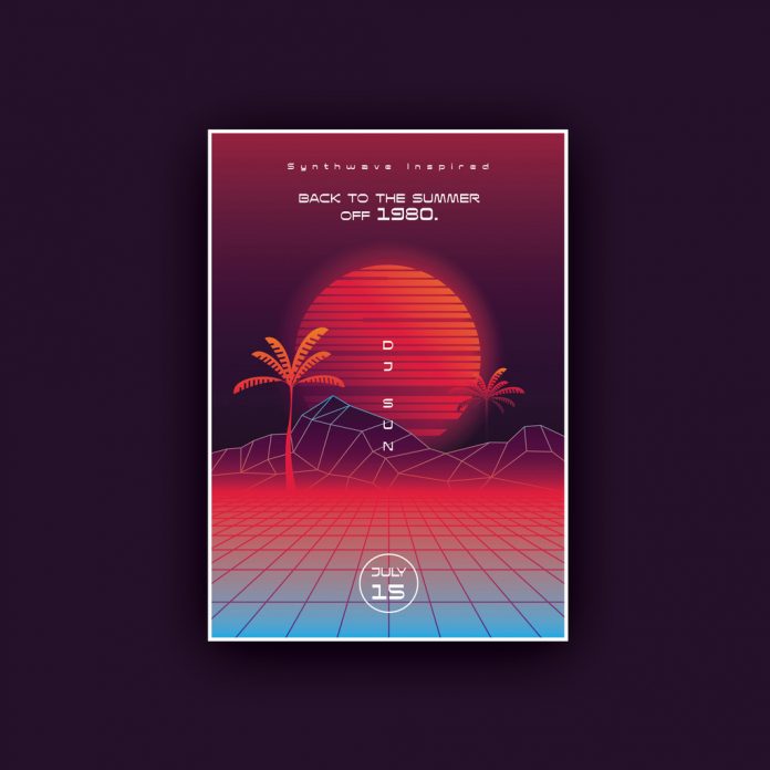 Synthwave Summer Poster Template with Sunset and Palm Trees.