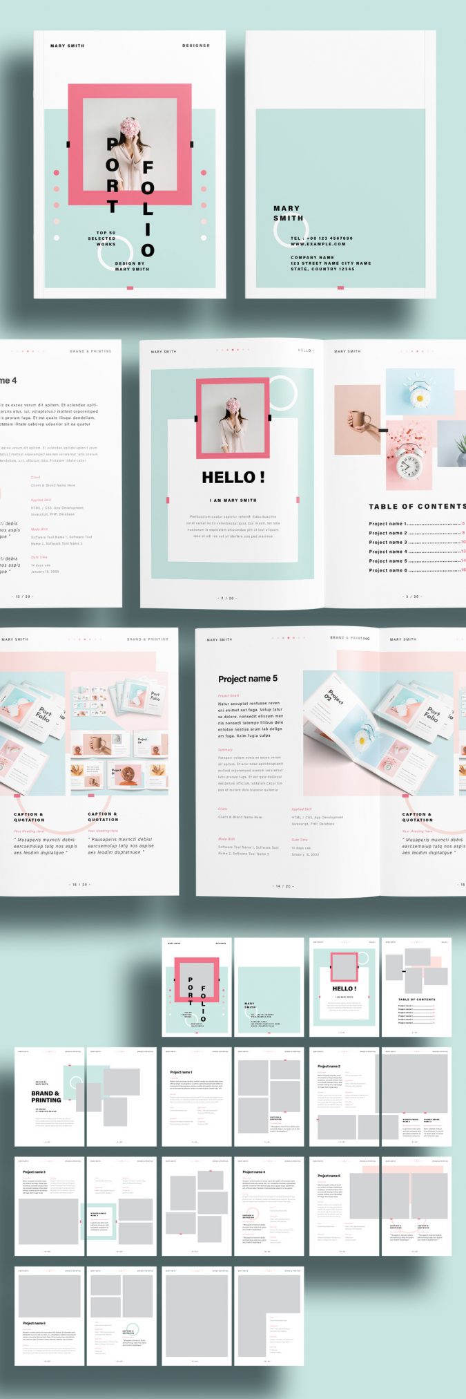 A modern and fresh portfolio template for Adobe InDesign.
