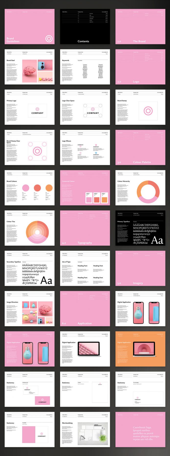 Adobe InDesign brand manual guidelines template with pink accents.