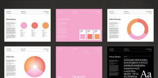 Adobe InDesign brand manual guidelines template with pink accents.