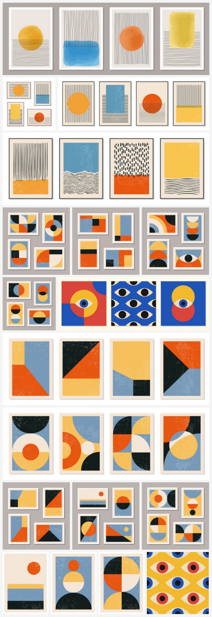Download minimalist graphic artworks consisting of simple lines and geometric shapes in diverse colors as fully editable vector files.