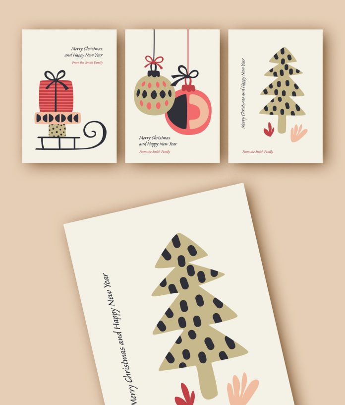 This holiday card template set with illustrations is available here.