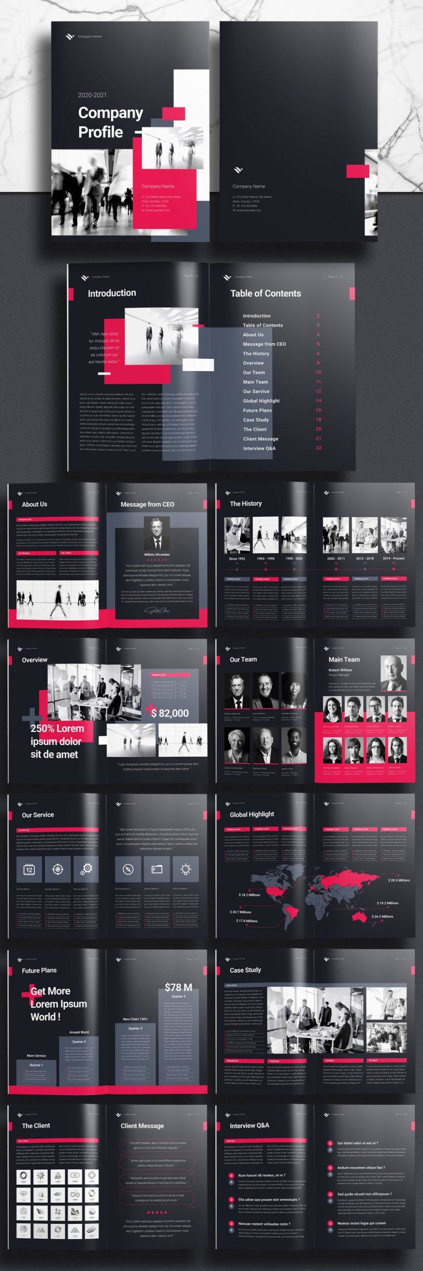Company Profile Booklet Template for Adobe InDesign with Black and Pink Accents.
