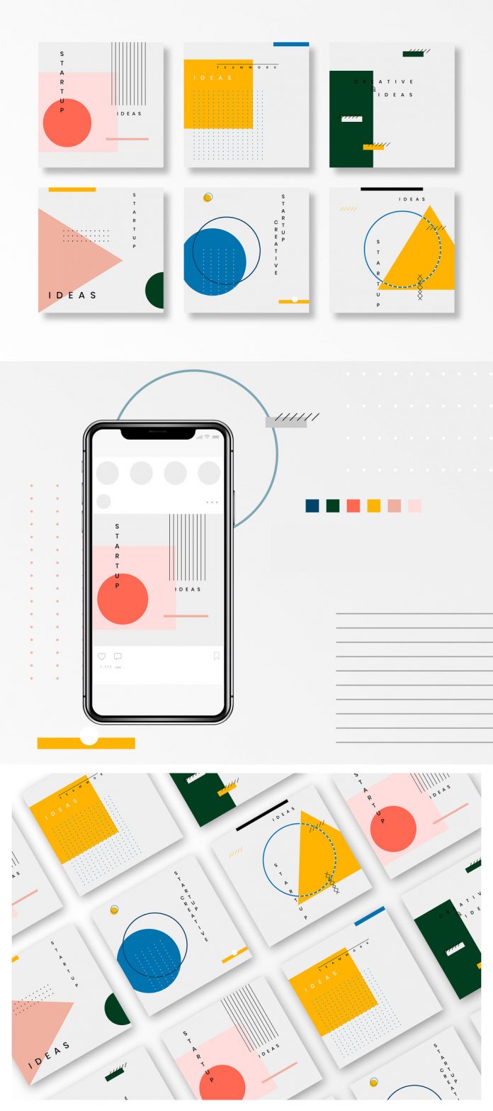 Social media post templates with thin linework and colorful geometric vector shapes inspired by Bauhaus design.