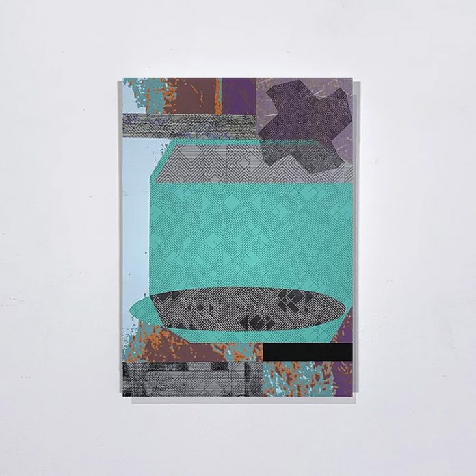 Twenty Three Spokes #23, 2020, mixed media, pen and ink, ink, acrylic, and graphite on paper on linen-backed paper on prepared galvanized metal.